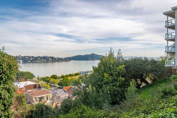 A view of a city and the water from a balcony